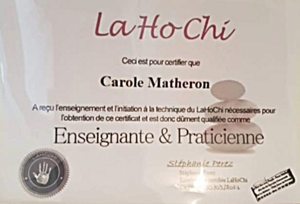 Diplôme de praticienne certifiée LaHoChi obtenu par Carole Matheron
