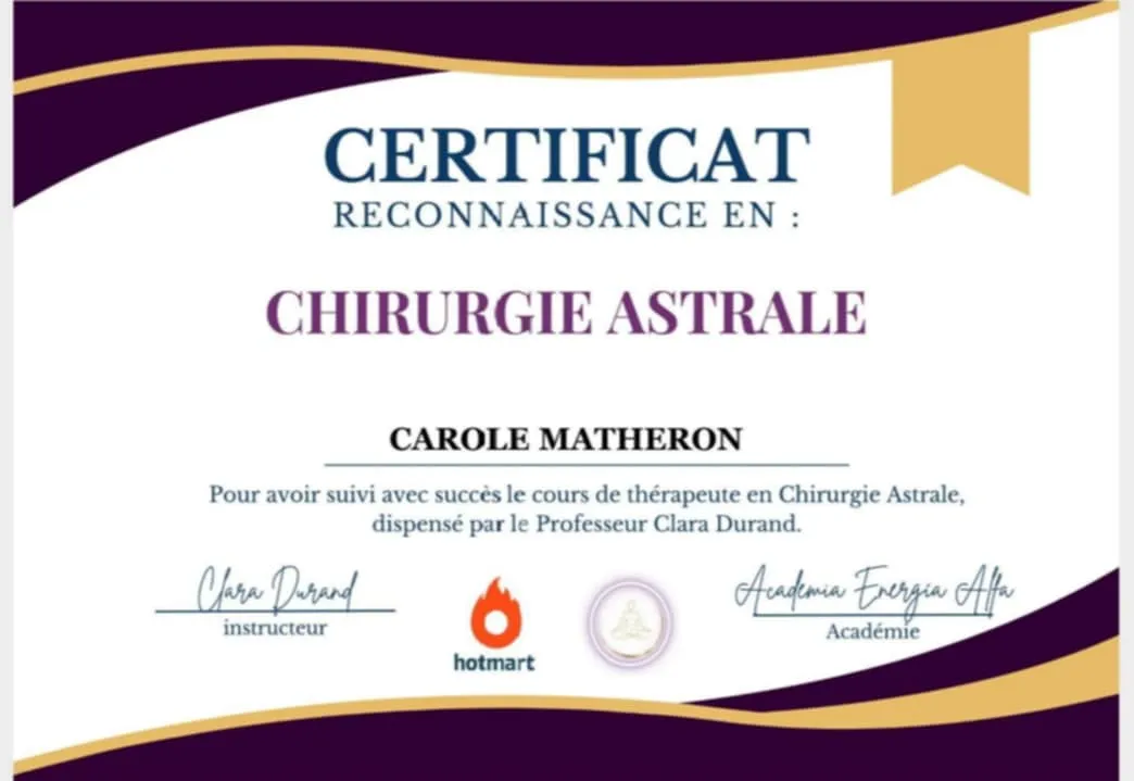 Diplôme officiel de Thérapeute en Chirurgie Astrale délivré à Carole Lambesc par Academia Energia Alfa